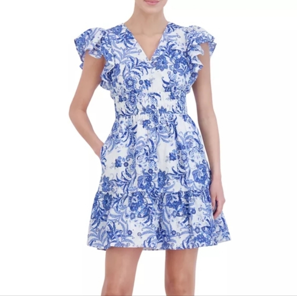 Eliza J Floral Flutter Sleeve Fit & Flare Cotton Dress